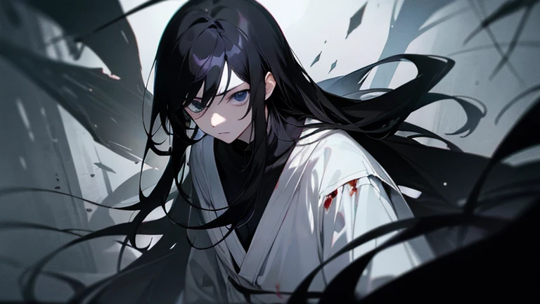 black hair、long hair、white skin、young、black eye、Expressionless、Leanness、male、one person、Blood、With keen eyes、black clothes、dark atmosphere
