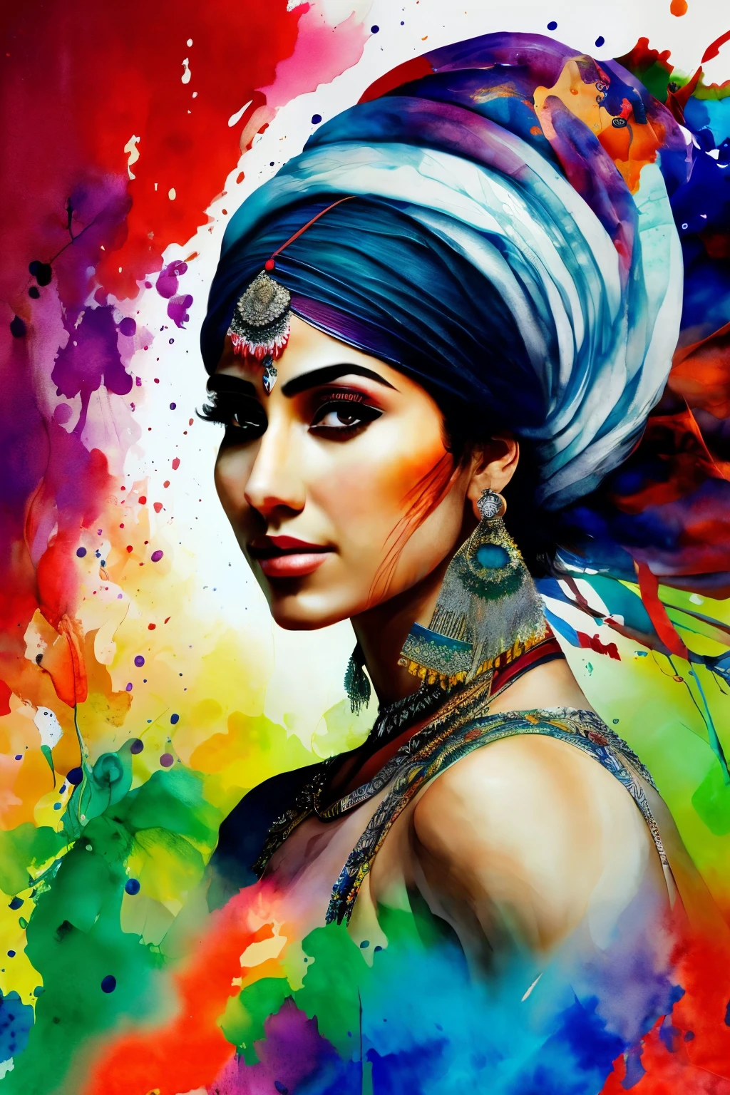 A young Arabic ethnic traditional dancer, with a captivating expression, is the focal point in this intricately detailed and sharp-focused portrait. Her features are beautifully rendered in ultra-high resolution, bringing every curve and contour to life. The artwork is a creation by the renowned artist Willem Haenraets, showcasing his mastery of watercolor painting using the wet-on-wet and splattering techniques.
The composition is perfectly centered, allowing the viewer to fully immersive themselves in the intricate details of the dancer's vibrant attire and expressive facial features. The abstract and surreal elements of the artwork subtly enhance the overall dream