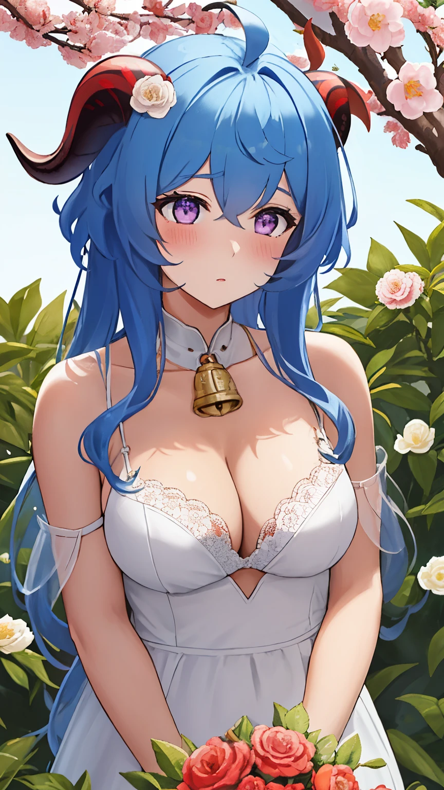blue_hair, long_hair, bangs, horns, purple_eyes, ahoge, breasts, blush, goat_horns, sidelocks, bell, medium_breasts, large_breasts, neck_bell, ((masterpiece)), (Professional Photography:1.2), camelliamix, from above, flat body, Beautiful flowers bloom, (sparkles), (There is a blooming camellia),standing under a tree, (head looking up), Look at the tree, Natural soft light, macaron, Still ethereal, Crisp and smooth lines, radiant morning light, soft luminescent glow, (((Samue)))