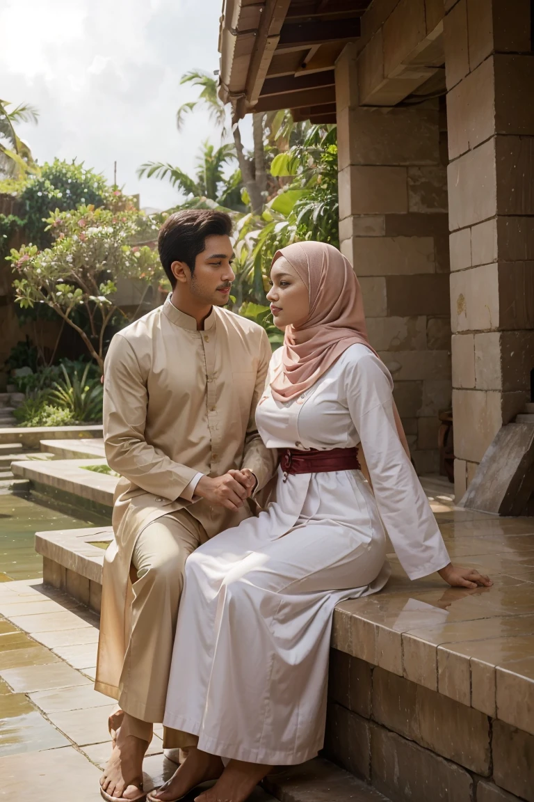 (masutepiece), (Best Quality), Realistic, Photorealism, romantic couple, white muslim cloth. malay men 30 years old with peci wear elegant muslim cloth, young malay girl in hijab wearing beautiful muslimah cloth 20 - 23 years old. malay men with beautiful girl with beautiful perfect body, huge breast, together very romantic sitting in stone very next to romantic. location: beautiful tropical waterfall, professional photography, bright lighting, 28mm lens, Establishing shot, deep focus cinematography effect, Natural Lighting, pastel color grading, high quality, ultra detail, 8k resolution,
