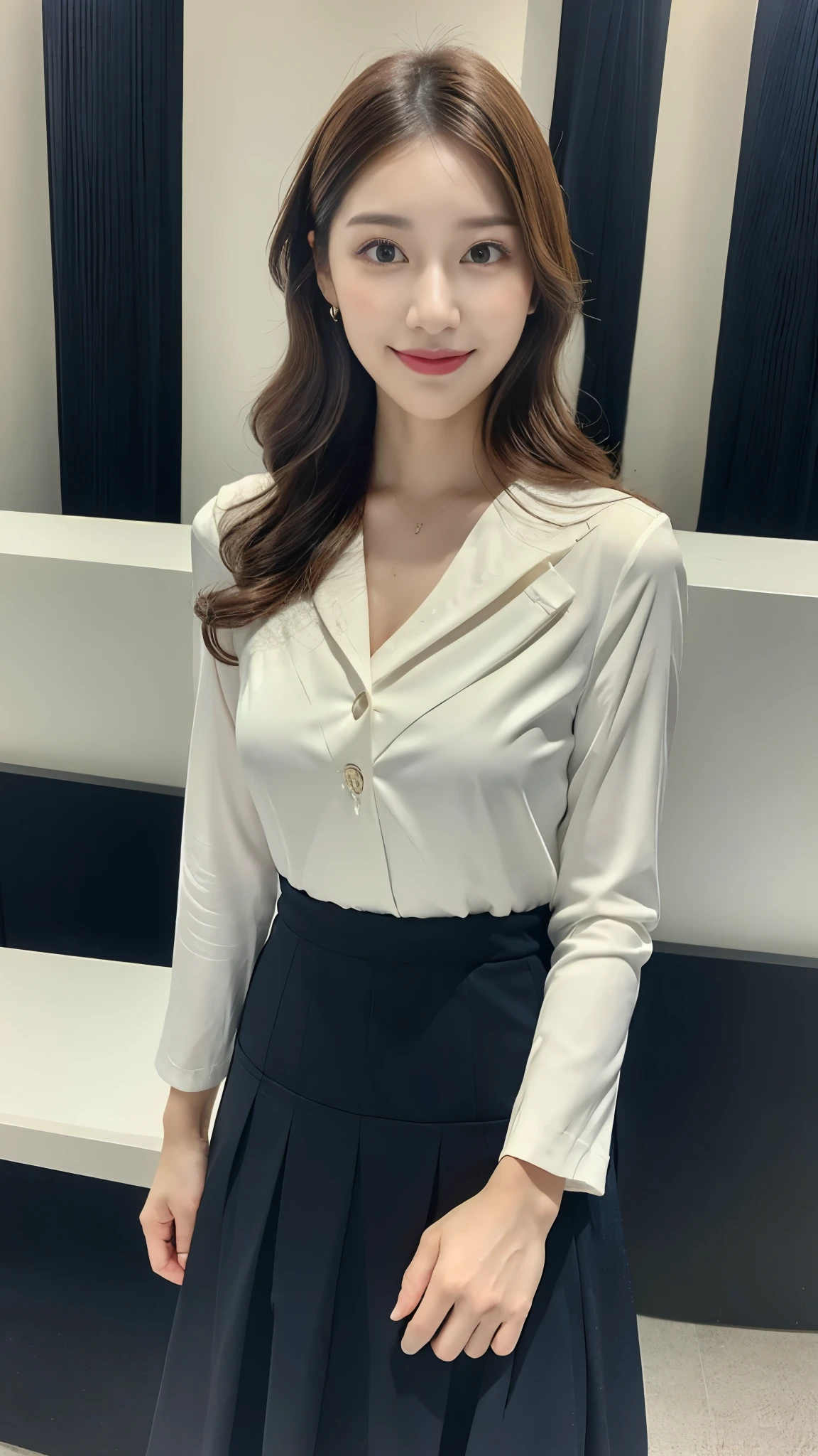 (in 8K, best-quality, masterpiece: 1.3), (intricate detailes:1.4), (Raw photo, Photorealsitic: 1.4), octane renderings, Complex 3D rendering ultra detail, Studio Soft Light, Rim Lights, vibrant detail, super detailing, realistic skin textures, full body, Detail Face, Beautiful detail eyes, Very detailed CG Unity 16k wallpaper, make - up, (detailed background: 1.2), Realistic skin feeling, shinny skin, blur background, bokeh, supermodel, perfect body, long shot, 1girl in, goddes, 25 years old, costume photography, The whole picture, Nikon SLR camera, Focus aperture F.2, focal length 85mm, (Large breasts), (Standing), (Chest close-up), (hip close-up), woman in business casual dress posing for photos, PORTs costume, sitting on a chair, Elegant dress, black curly hair, Double eyelids, Black eyes, fine eye details, long eyelashes, fine eyelash details, Snow-white skin, Fine skin texture, Pozi style clothing, formalwear, Business Wear, business skirt, business skirt, delicate skirt, luxurious skirt, full cover skirt, thin waist, the detailed images, elegant intellectual charm beautiful, Charming, elegant high quality, Cheerful, romantic