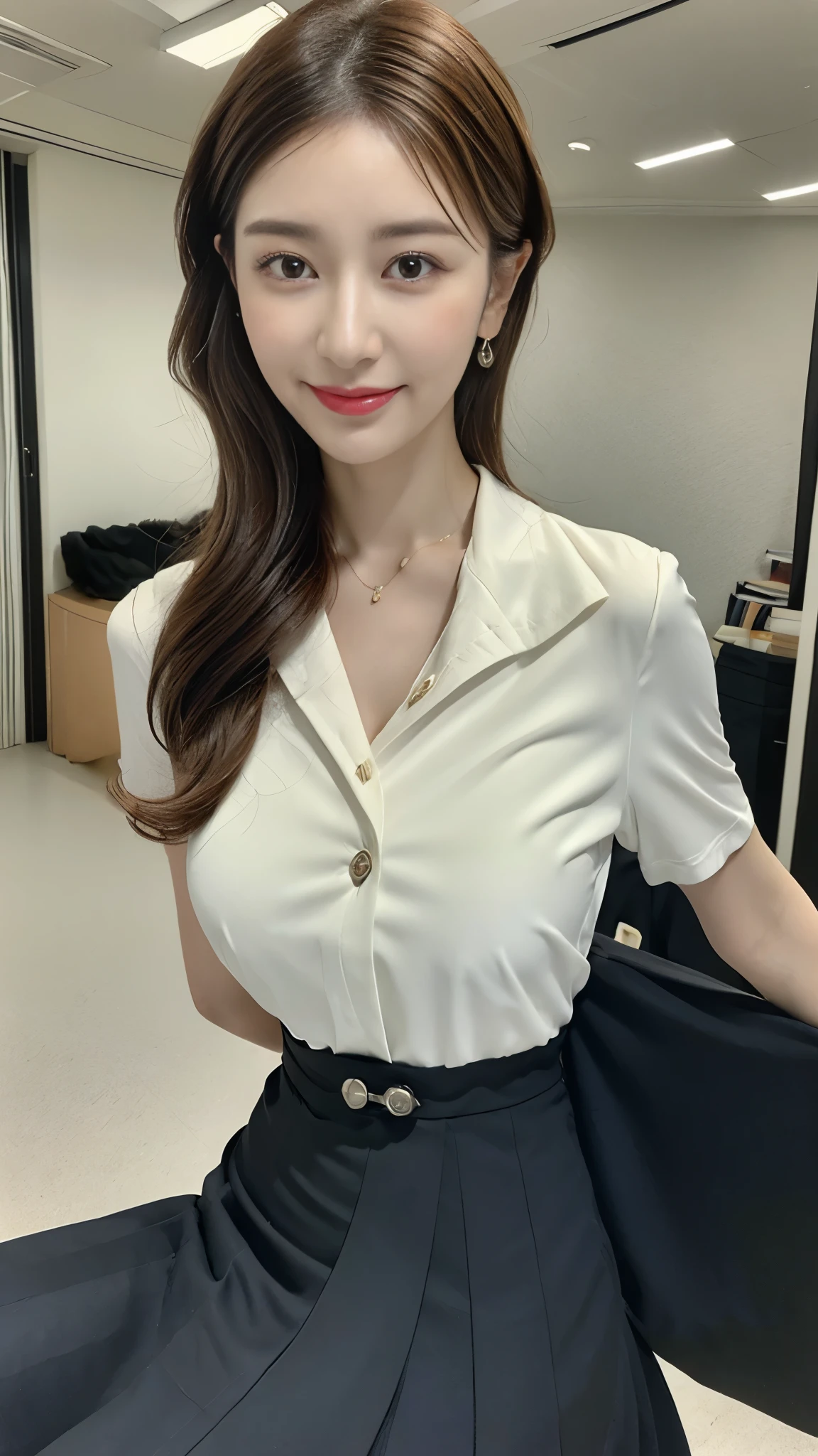 (in 8K, best-quality, masterpiece: 1.3), (intricate detailes:1.4), (Raw photo, Photorealsitic: 1.4), octane renderings, Complex 3D rendering ultra detail, Studio Soft Light, Rim Lights, vibrant detail, super detailing, realistic skin textures, full body, Detail Face, Beautiful detail eyes, Very detailed CG Unity 16k wallpaper, make - up, (detailed background: 1.2), Realistic skin feeling, shinny skin, blur background, bokeh, supermodel, perfect body, long shot, 1girl in, goddes, 25 years old, costume photography, The whole picture, Nikon SLR camera, Focus aperture F.2, focal length 85mm, (Large breasts), (Standing), (Chest close-up), (hip close-up), woman in business casual dress posing for photos, PORTs costume, sitting on a chair, Elegant dress, black curly hair, Double eyelids, Black eyes, fine eye details, long eyelashes, fine eyelash details, Snow-white skin, Fine skin texture, Pozi style clothing, formalwear, Business Wear, business skirt, business skirt, delicate skirt, luxurious skirt, full cover skirt, thin waist, the detailed images, elegant intellectual charm beautiful, Charming, elegant high quality, Cheerful, romantic