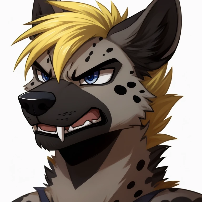 male, hyena, cute style, anthropomorphic, grey and black fur, black spots, light yellow hair, dark blue eyes, angry, showing his fangs, fluffy, headshot, white background