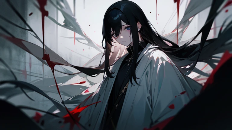 black hair、long hair、white skin、young、black eye、Expressionless、Leanness、male、one person、Blood、narrow eyes、Blood飛沫、dark atmosphere