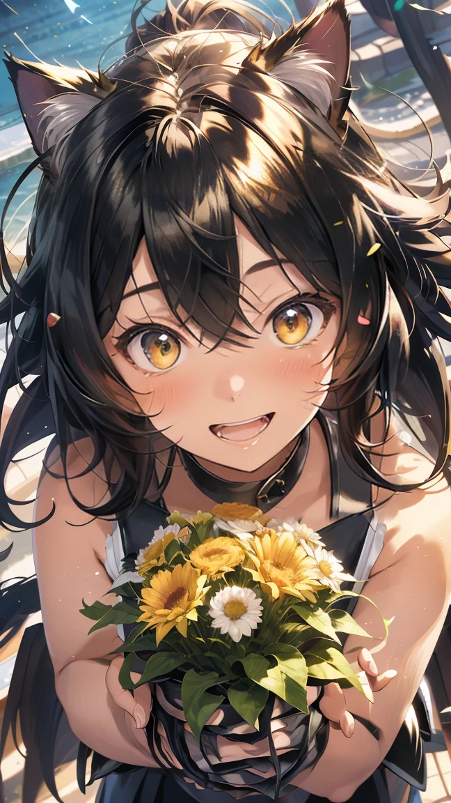 Cat ear,,Cat tail,10歳のgirl,girl1people,,,(best quality, masterpiece:1.2), 3D rendering, High resolution, Images with outstanding details, bright and vibrant colors, beautiful scenery, Advanced lighting effects, beautiful and delicate flowers, elaborate texture, Extremely clear depiction, Natural light, dreamy atmosphere, The rainbow in the sky shines, multiple exposure effect, dramatic contrast, Mr.々Shading, Vibrant colors, monochrome, warm tones, Light tones, Warm colors, Calm colors, warm shades, Filled with soft light,,disheveled hair,Ahoge,black hair,A happy smile,Make your face clear,目立つAhoge,very loud laugh,flashy cute clothes,I can see fangs in the mouth,Laughter,Dancing,Sounds like fun,Clear to the fingertips,