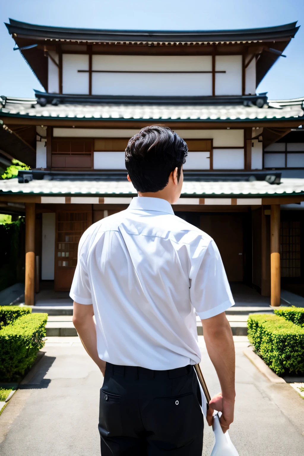 A man delivering futons,highest quality, masterpiece, ultra high resolution, (realistic:1.4),In front of the house,Clean man,White shirt and black pants,cleaning shop staff,back view,Japanese