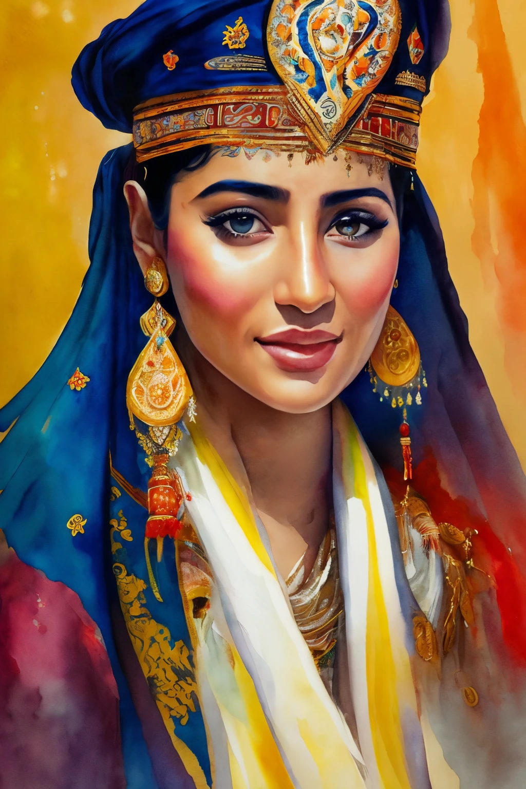 A young Arabic ethnic traditional dancer, with a captivating expression, is the subject of this stunning portrait. The intricately detailed and sharp focus on her face reveals every fold of her vibrant, traditional costume, as well as the expressiveness of her almond-shaped, dark eyes. This exquisite piece is a creation of the renowned artist, Willem Haenraets, who masterfully employs watercolor techniques - wet on wet and splattering - to capture the essence of this enchanting moment. The dancer is centered in the frame, showcasing a perfect composition that evokes a sense of abstraction and surrealism. Trending on ArtStation, this intr