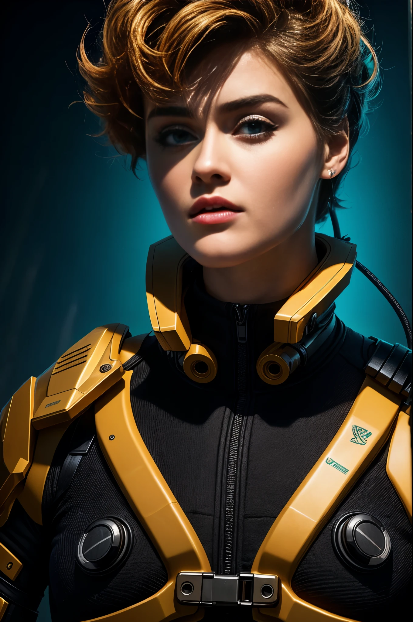 Cybernetics, action movie protagonist, Stefania Ferrario as a female warrior, virus, cyberspace, repeating patterns, unreal, sound waves, free melody, digital world, reflection, masterpiece, 32k UHD resolution, high quality, professional photography, depth of filed, sci-fi, cinematic angle, cinematic lights, dynamic warrior pose --ar 3:4 --v 5. 2