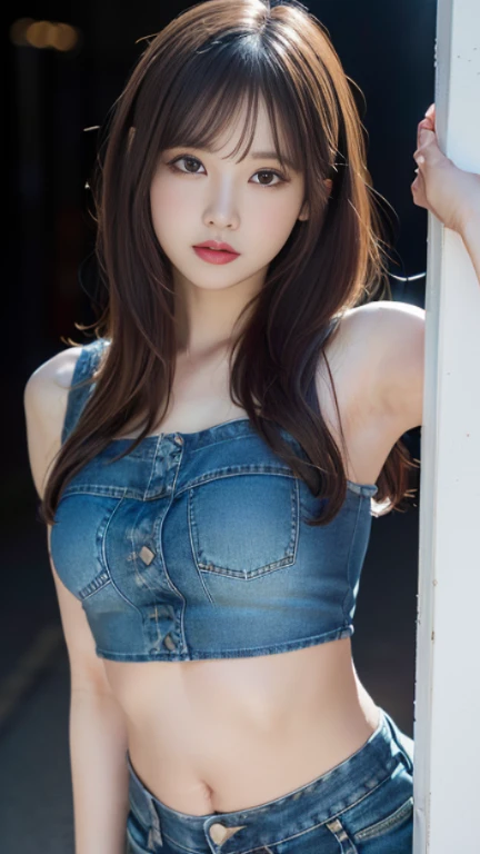 (((Highly detailed CG unit 8k wallpaper, masterpiece, High resolution, highest quality))), ((Beautiful woman, Model-like posture, acrobatic pose,backwards,squat,grunge fashion, bra wear:1.2,Very short distressed denim bootie shorts), ((highly detailed face, Highly detailed black eyes, extra detailed body, highest qualityのリアルテクスチャスキン)), (long hair, white skin, exposed belly), (white wall), night,surreal, digital paint