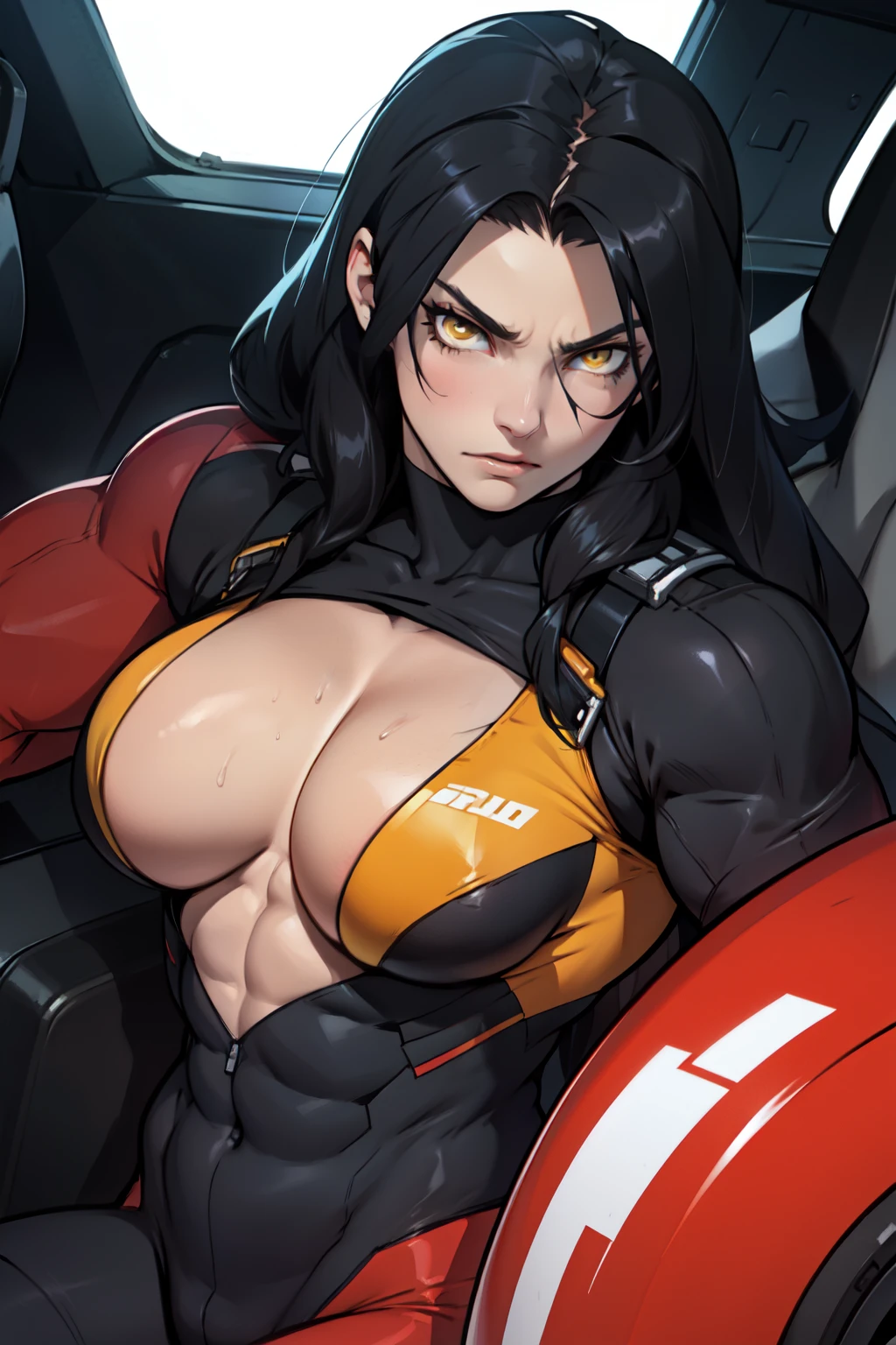 1 girl, black hair, yellow eyes, very long hair, pale skin, ((((extremely muscular)))), large breasts, (confident expression), pilot suit, close up