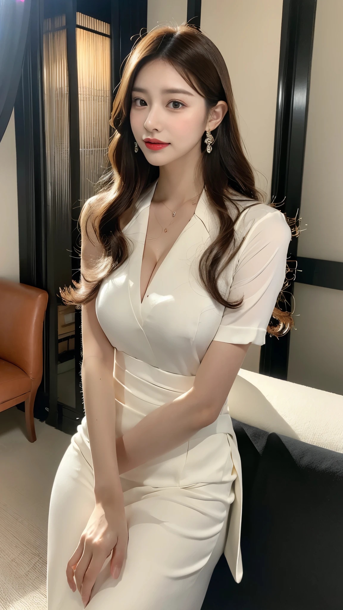 NSFW, (in 8K, best-quality, masterpiece: 1.3), (intricate detailes:1.4), (Raw photo, Photorealsitic: 1.4), octane renderings, Complex 3D rendering ultra detail, Studio Soft Light, Rim Lights, vibrant detail, super detailing, realistic skin textures, full body, Detail Face, Beautiful detail eyes, Very detailed CG Unity 16k wallpaper, make - up, (detailed background: 1.2), Realistic skin feeling, shinny skin, blur background, bokeh, supermodel, perfect body, long shot, 1girl in, goddes, 25 years old, costume photography, The whole picture, Nikon SLR camera, Focus aperture F.2, focal length 85mm, (Large breasts), (Standing), (Chest close-up), (hip close-up), woman in business casual dress posing for photos, PORTs costume, sitting on a chair, Elegant dress, black curly hair, Double eyelids, Black eyes, fine eye details, long eyelashes, fine eyelash details, Snow-white skin, Fine skin texture, Pozi style clothing, formalwear, Business Wear, business skirt, business skirt, delicate skirt, luxurious skirt, full cover skirt, thin waist, the detailed images, elegant intellectual charm beautiful, Charming, elegant high quality, Cheerful, romantic