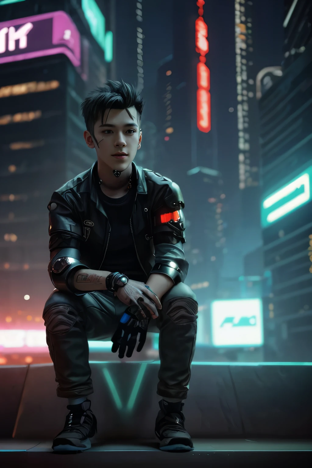 Cyberpunk hadsome boy with realistic with cat