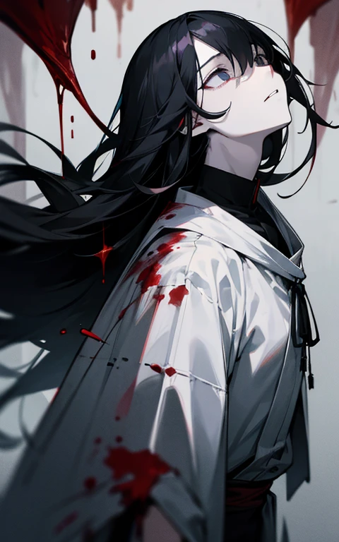 black hair、long hair、white skin、young、black eye、Expressionless、Leanness、male、one person、Blood、narrow eyes、Blood飛沫、dark atmosphere、Looking up