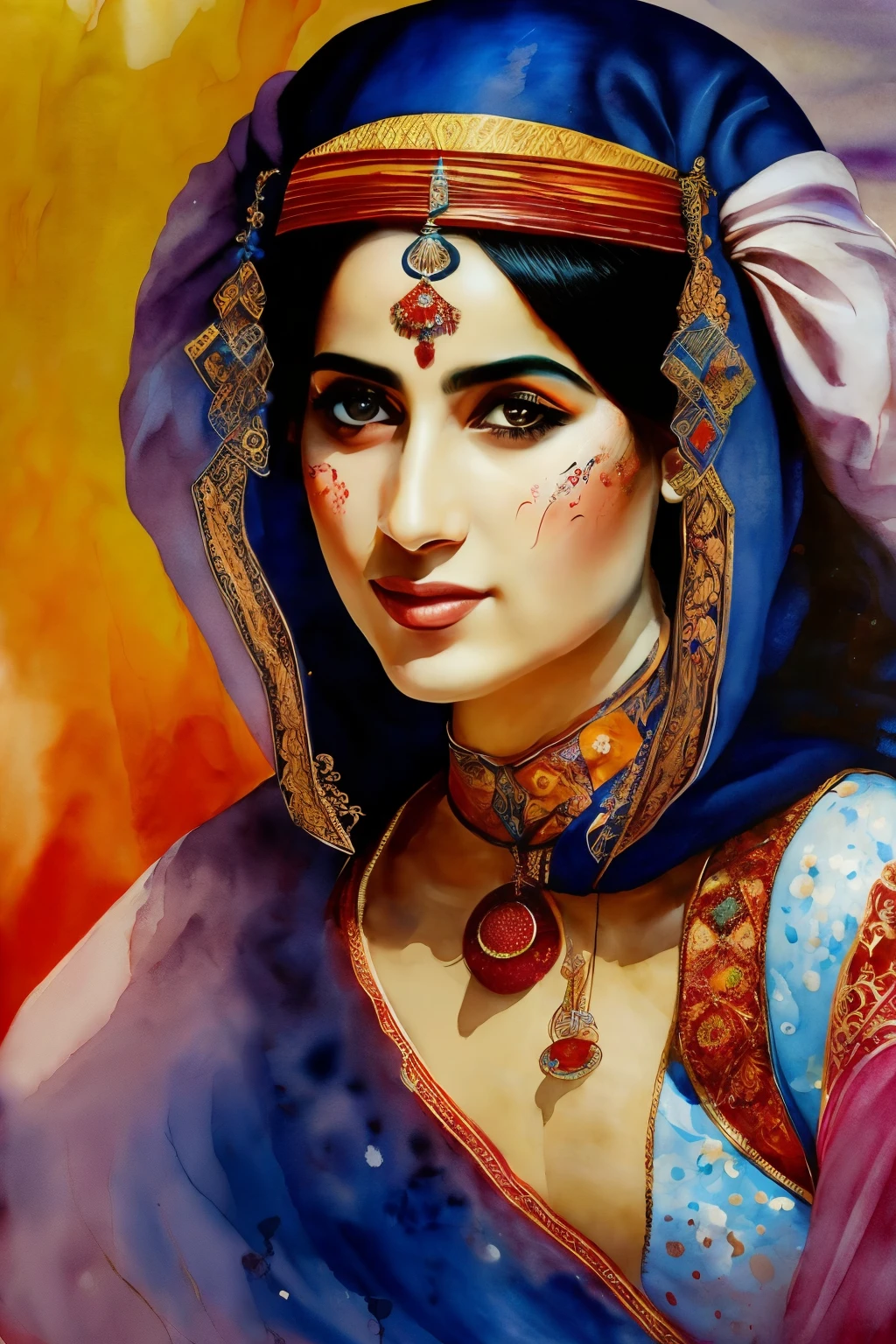 A young Arabic ethnic traditional dancer, with a captivating expression, is the subject of this stunning portrait. The intricately detailed and sharp focus on her face reveals every fold of her vibrant, traditional costume, as well as the expressiveness of her almond-shaped, dark eyes. This exquisite piece is a creation of the renowned artist, Willem Haenraets, who masterfully employs watercolor techniques - wet on wet and splattering - to capture the essence of this enchanting moment. The dancer is centered in the frame, showcasing a perfect composition that evokes a sense of abstraction and surrealism. Trending on ArtStation, this intr