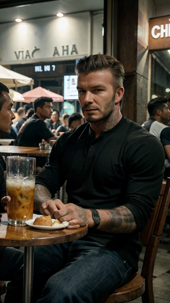 a man in his 30s sitting next to football player David Beckham at a roadside cafe in Vietnam, surreal image, detailed facial expressions, full hd, 8k