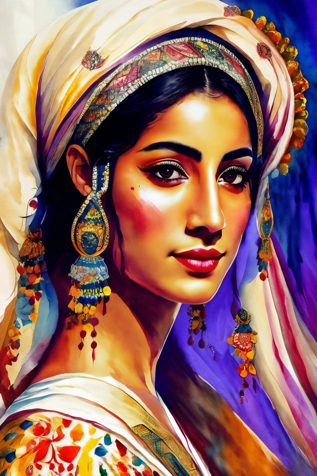 A young Arabic ethnic traditional dancer, with a captivating expression, is the subject of this stunning portrait. The intricately detailed and sharp focus on her face reveals every fold of her vibrant, traditional costume, as well as the expressiveness of her almond-shaped, dark eyes. This exquisite piece is a creation of the renowned artist, Willem Haenraets, who masterfully employs watercolor techniques - wet on wet and splattering - to capture the essence of this enchanting moment. The dancer is centered in the frame, showcasing a perfect composition that evokes a sense of abstraction and surrealism. Trending on ArtStation, this intr