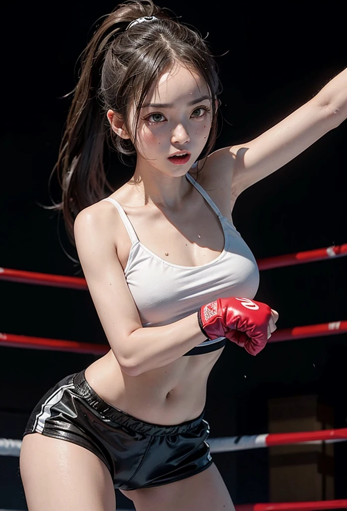 1girl, flowing long ponytail, wearing boxing gloves, naked, female boxer, looking at the camera, sweating, raised fists,