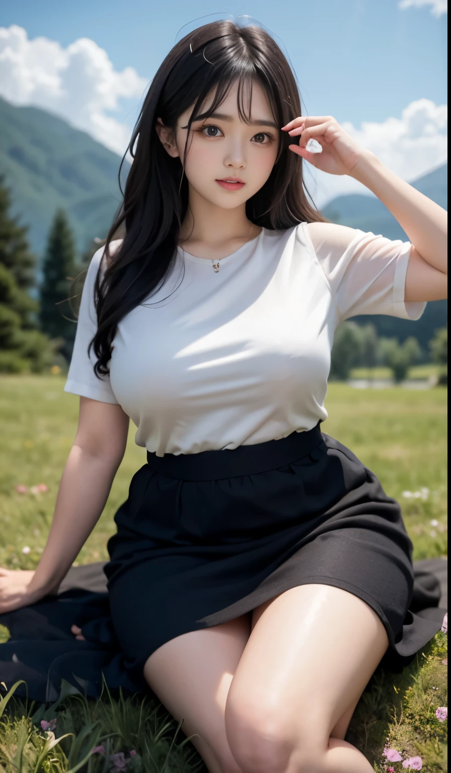 A beautiful beauty, long black hair, big eyes, round face, dress, tight purple skirt, sneakers , slightly fat, plump and sexy, delicate facial features, on the grassy hillside, black grass and words, dark sky and dark clouds, HD, high quality, the best picture quality