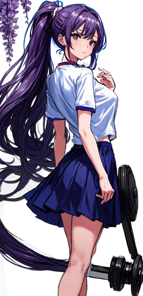 A beautiful woman with a mature face and long wisteria-purple hair tied in a ponytail with a pale pink ribbon.。White gym clothes。dark blue buruma。Standing in the school playground with legs spread wide。