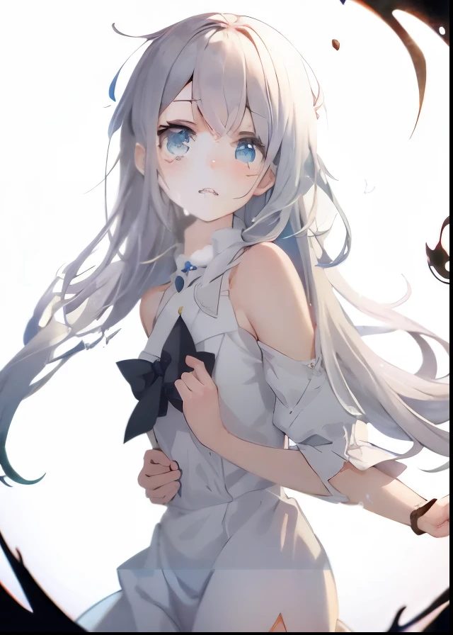 anime, An illustration, Crying Girl, Watery eye, sad expression, long hair, Wearing a white dress, painful feelings, pure white background