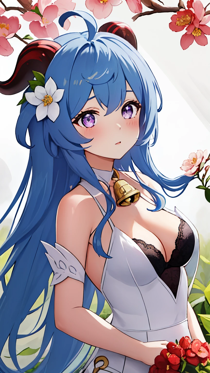 blue_hair, long_hair, bangs, horns, purple_eyes, ahoge, breasts, blush, goat_horns, sidelocks, bell, medium_breasts, large_breasts, neck_bell, ((masterpiece)), (Professional Photography:1.2), camelliamix, from above, flat body, Beautiful flowers bloom, (sparkles), (There is a blooming camellia)，standing under a tree, (head looking up), Look at the tree, Natural soft light, macaron, Still ethereal, Crisp and smooth lines, radiant morning light, soft luminescent glow, (((Obijime)))