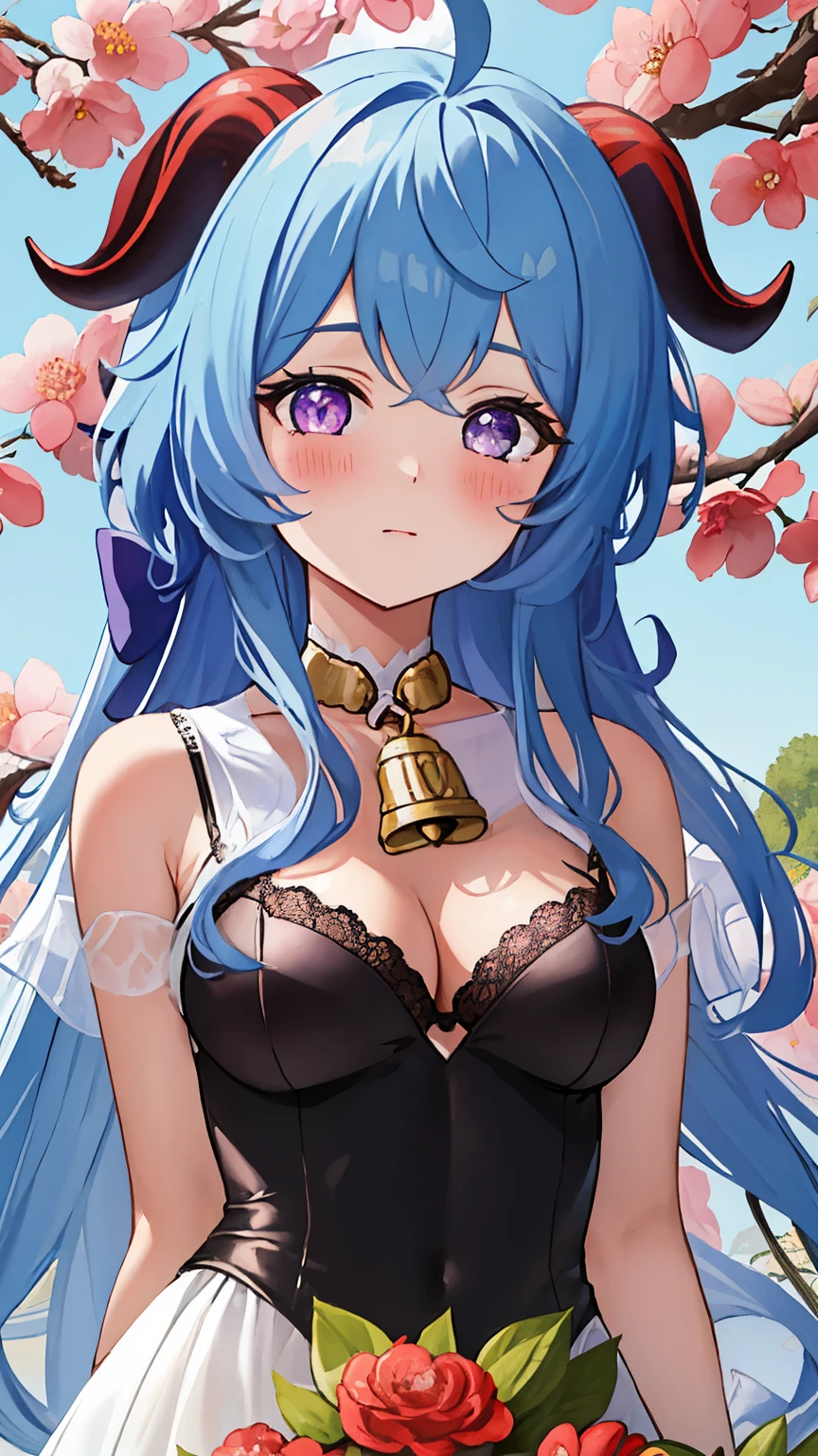 blue_hair, long_hair, bangs, horns, purple_eyes, ahoge, breasts, blush, goat_horns, sidelocks, bell, medium_breasts, large_breasts, neck_bell, ((masterpiece)), (Professional Photography:1.2), camelliamix, from above, flat body, Beautiful flowers bloom, (sparkles), (There is a blooming camellia)，standing under a tree, (head looking up), Look at the tree, Natural soft light, macaron, Still ethereal, Crisp and smooth lines, radiant morning light, soft luminescent glow, (((Obijime)))