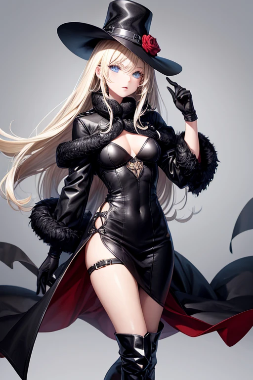 black mink hat、black mink long coat、Black gloves、black boots、blonde、eyes are black、Specifics、long eyelashes、slender body、Healthy lips、intense eye highlights、small breasts、Russian style、Do not show bare skin、