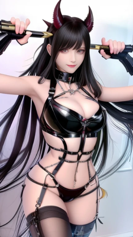 (best quality,4k,highres,masterpiece:1.2),ultra-detailed,realistic,long black hair,beautiful detailed eyes,beautiful detailed lips,nude,wielding weapons,long flowing hair,serious expression,dark atmosphere,sharp focus,detailed weapon,studio lighting,vivid colors,physically-based rendering