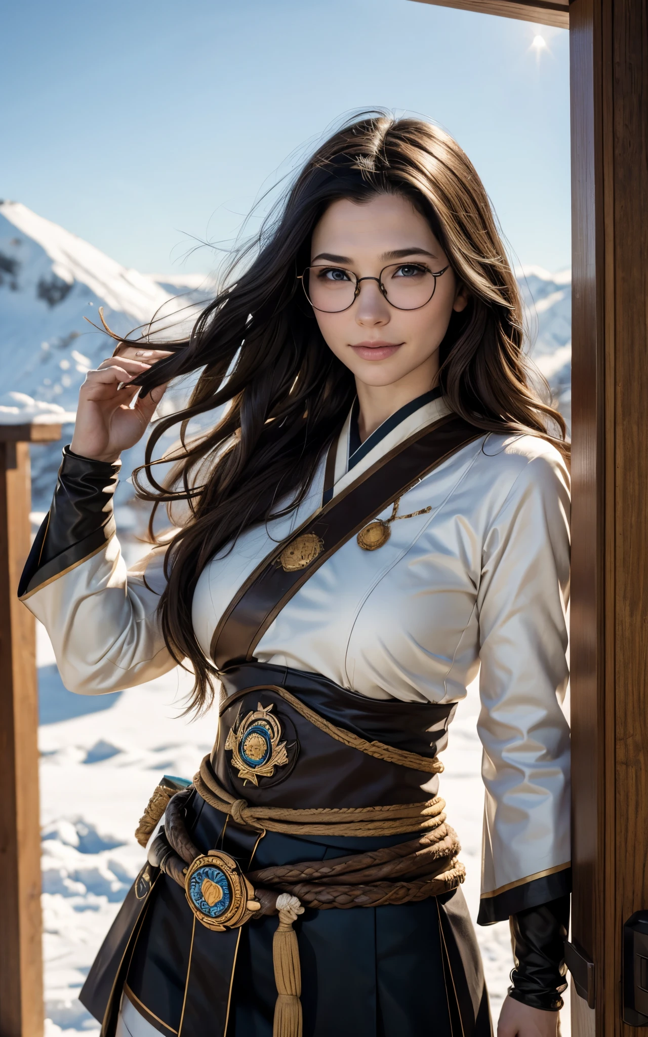 Young ainu woman with the face of (Gal Gadot:Evangeline Lilly), (looking at viewer, light smile, ), brown hair, brown eyes, long hair, hair_flying, Fluttering hair, flying_hair, ((Transparent glasses, glasses, glasses_on_nose)), ((traditional ainu clothes)), sexy, charming, stunning, enhance, delicate, (pale skin, real_skin), sunlight, Winter, snow, Hokkaido, outdoor, best quality, high quality, highres, 8k, photo realistic.