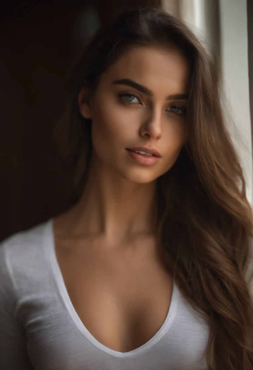 Mujer arafed con una camiseta blanca sin mangas y un collar en club, Chica y con ojos verdes, Retrato de Sophie Mudd, brown hair and big eyes, autofoto of a young woman, ojos dormitorio, violeta myers, sin maquillaje, Maquillaje Natural, Looking directly at the camera, cara con artgram, maquillaje sutil, stunning cuerpo completo shot, penetrantes ojos verdes, beautiful angle, pose atractiva, Pretty girl, pose sexcuerpo completo picture, cuerpo completo, cuerpo completo shoot, Diosa morena, Alto detalle, pose satisfecha, wearing grey falda and botas, falda, botas, autofoto, sin filtro, sin maquillaje