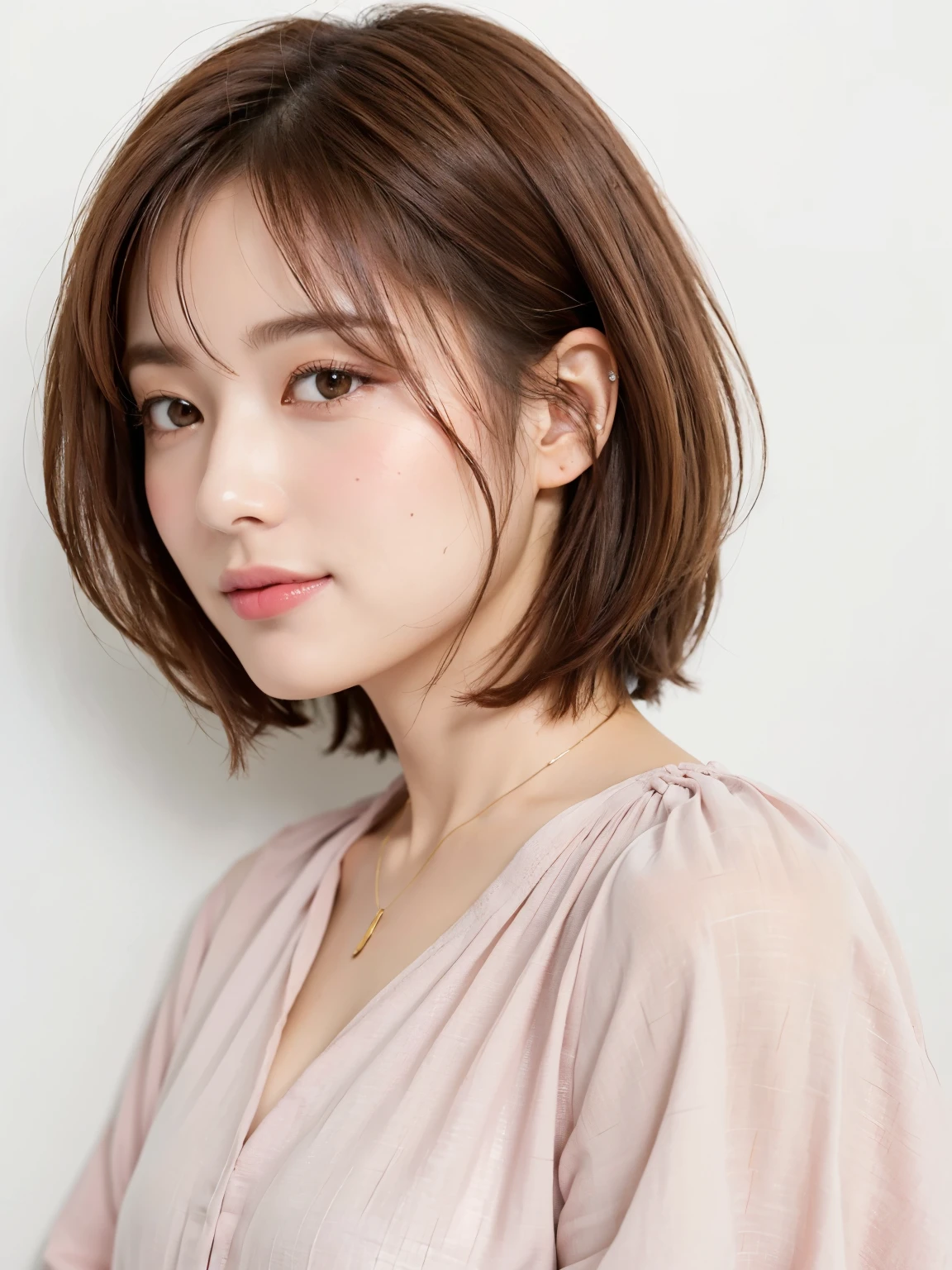((long sleeve blouse))、(White wall on background、Pink-brown hair color:1.4)、white wall、Taken in front of the white door、(窓のあるwhite wallの部屋)、(8K、Live shooting、highest quality、masterpiece:1.2)、High-definition RAW color photo、professional photos、(real、フォトreal:1.37)、Shot in natural light、1 girl、A sloppy smile、(various poses)、necklace、(Beautiful profile:1.3)、Don't look at the camera、profile、shortcut、short hair、Eye color is dark brown、(Beautiful profile:1.3)、correct hand of human body、pastel clothing、Woman with single eyelid、correct state of the human body、natural color lip、Shot in well-lit areas
