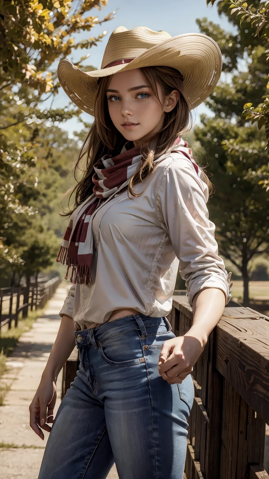 highest quality、masterpiece、ultra high resolution、24 year old white female、Hair color is brunette and purple gradation color、blue eyes、long hair、my hair is wavy、hair up style、smile、Slender but well-proportioned feminine body、wearing red nail polish、wearing a frilly blouse、wearing skinny jeans、I'm wearing boots that cowboys wear.、I'm punching my chest、wearing a cowboy hat、I'm wearing a scarf around my neck、on a farm in america、I'm holding the brim of my cowboy hat in my hand.