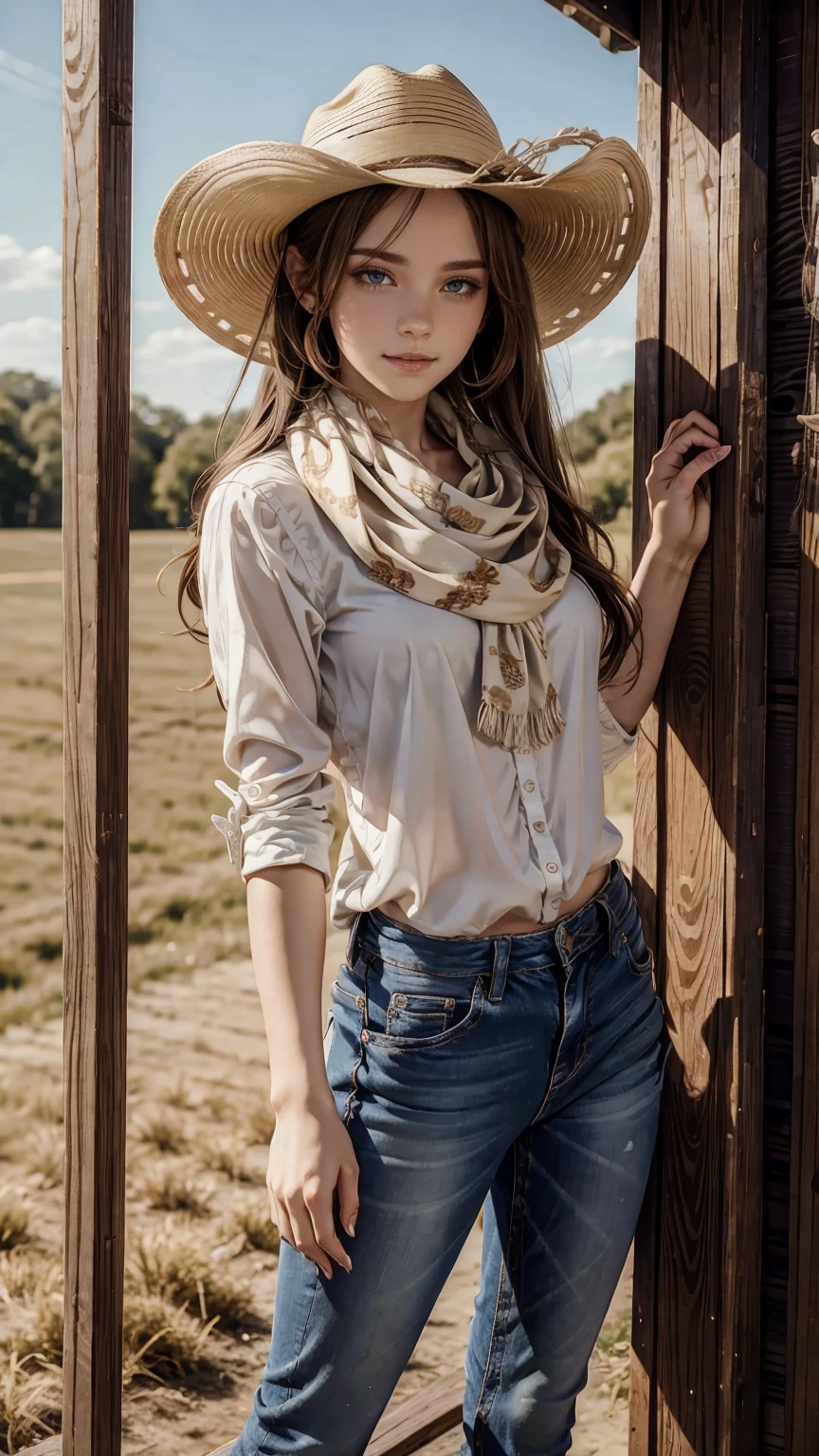 highest quality、masterpiece、ultra high resolution、24 year old white female、Hair color is brunette and purple gradation color、blue eyes、long hair、my hair is wavy、hair up style、smile、Slender but well-proportioned feminine body、wearing red nail polish、wearing a frilly blouse、wearing skinny jeans、I'm wearing boots that cowboys wear.、I'm punching my chest、wearing a cowboy hat、I'm wearing a scarf around my neck、on a farm in america、I'm holding the brim of my cowboy hat in my hand.
