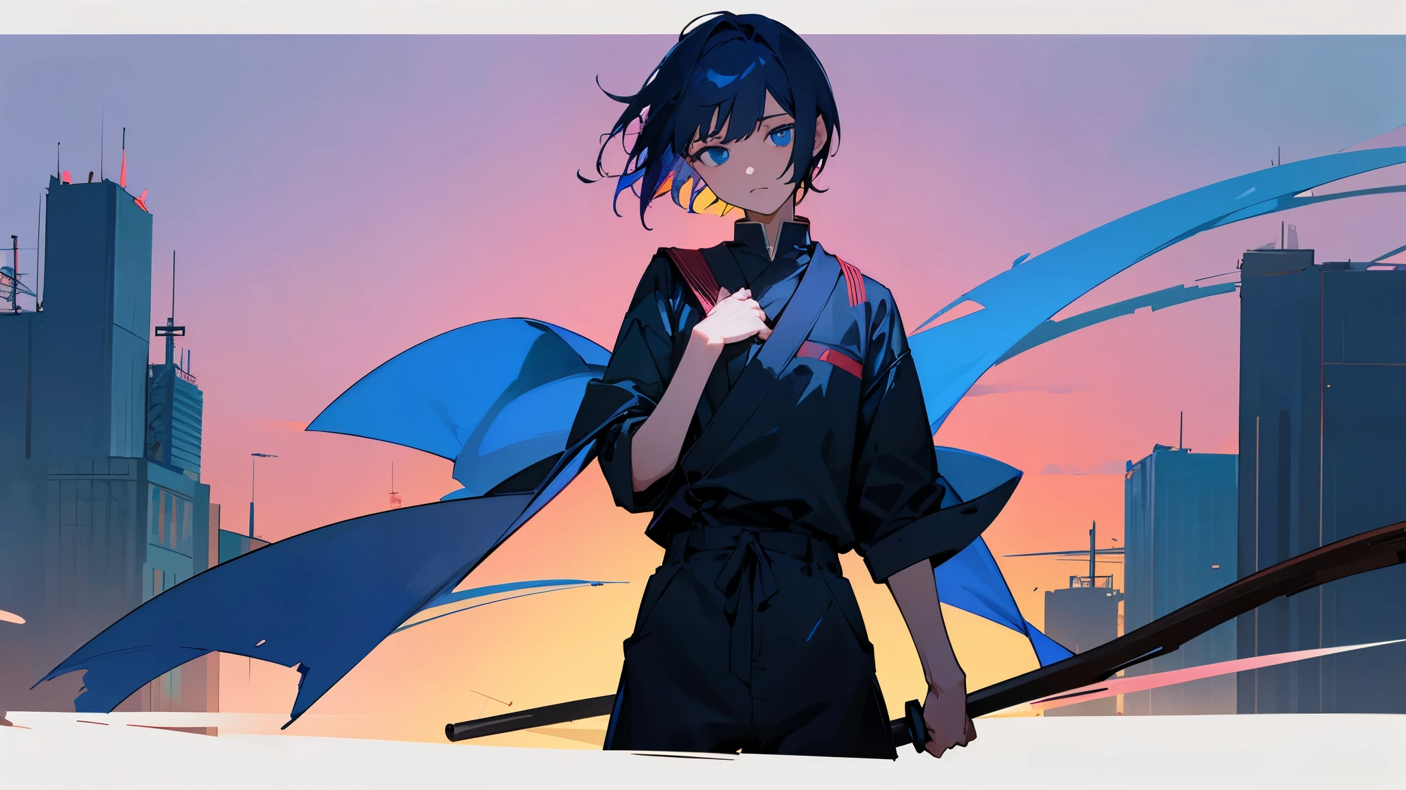 male、The background is the city of sunset、dark blue hair、blue eyes、short hair、have a knife、Standing on a stick、face forward、Expressionless、student、上半身はstudent服、The lower body is wearing a jumpsuit、Away、Shows from the chest up