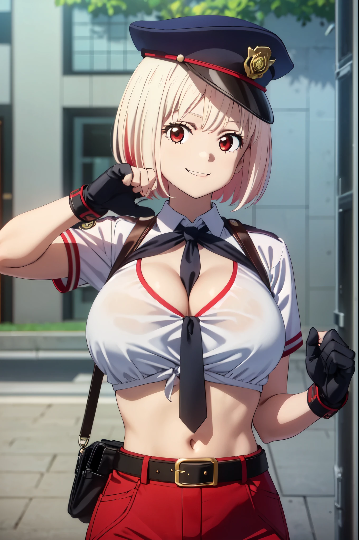 (((pixel perfect, detail perfect))), alone, 1 girl, Chisato Nishikigi, looking at the viewer, smile, Upper body、black police peaked cap, Police, cleavage, Midriffs, white shirt, front-tie top, red eyes, short purple hair, Black High-waist shorts, (red belt:1.2), black fingerless gloves, black boots,