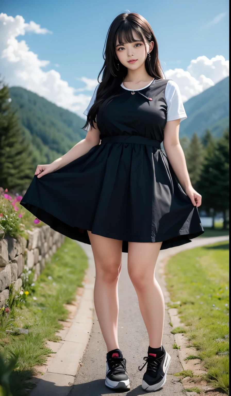 A beautiful beauty, long black hair, big eyes, round face, dress, tight purple skirt, sneakers , slightly fat, plump and sexy, delicate facial features, on the grassy hillside, black grass and words, dark sky and dark clouds, HD, high quality, the best picture quality