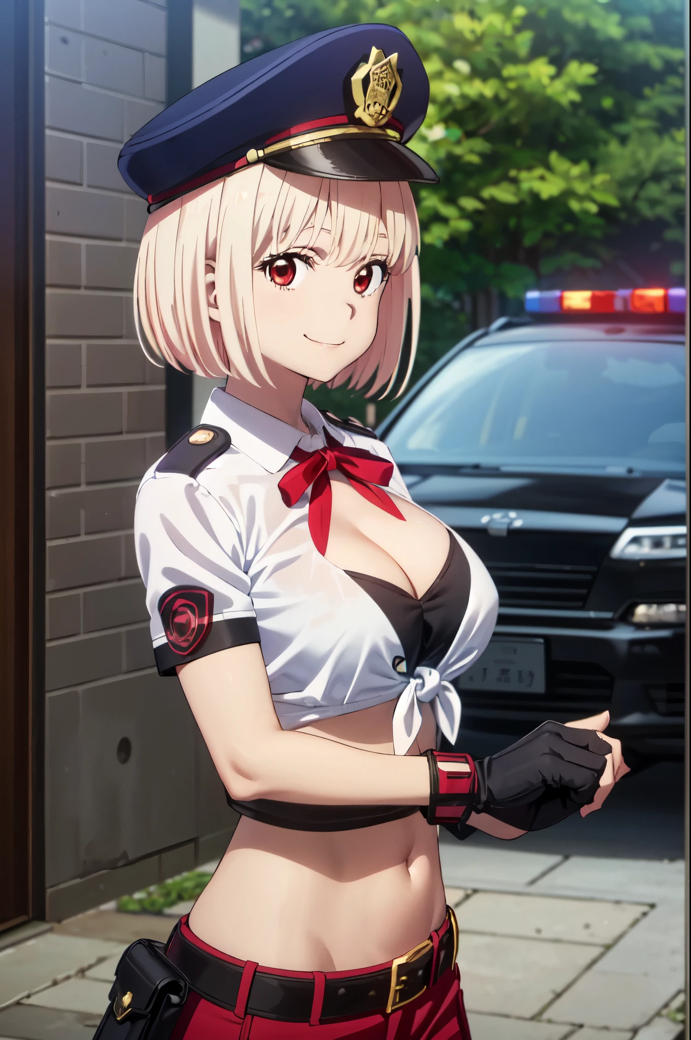 (((pixel perfect, detail perfect))), alone, 1 girl, Chisato Nishikigi, looking at the viewer, smile, Upper body、black police peaked cap, Police, cleavage, Midriffs, white shirt, front-tie top, red eyes, short purple hair, Black High-waist shorts, (red belt:1.2), black fingerless gloves, black boots,