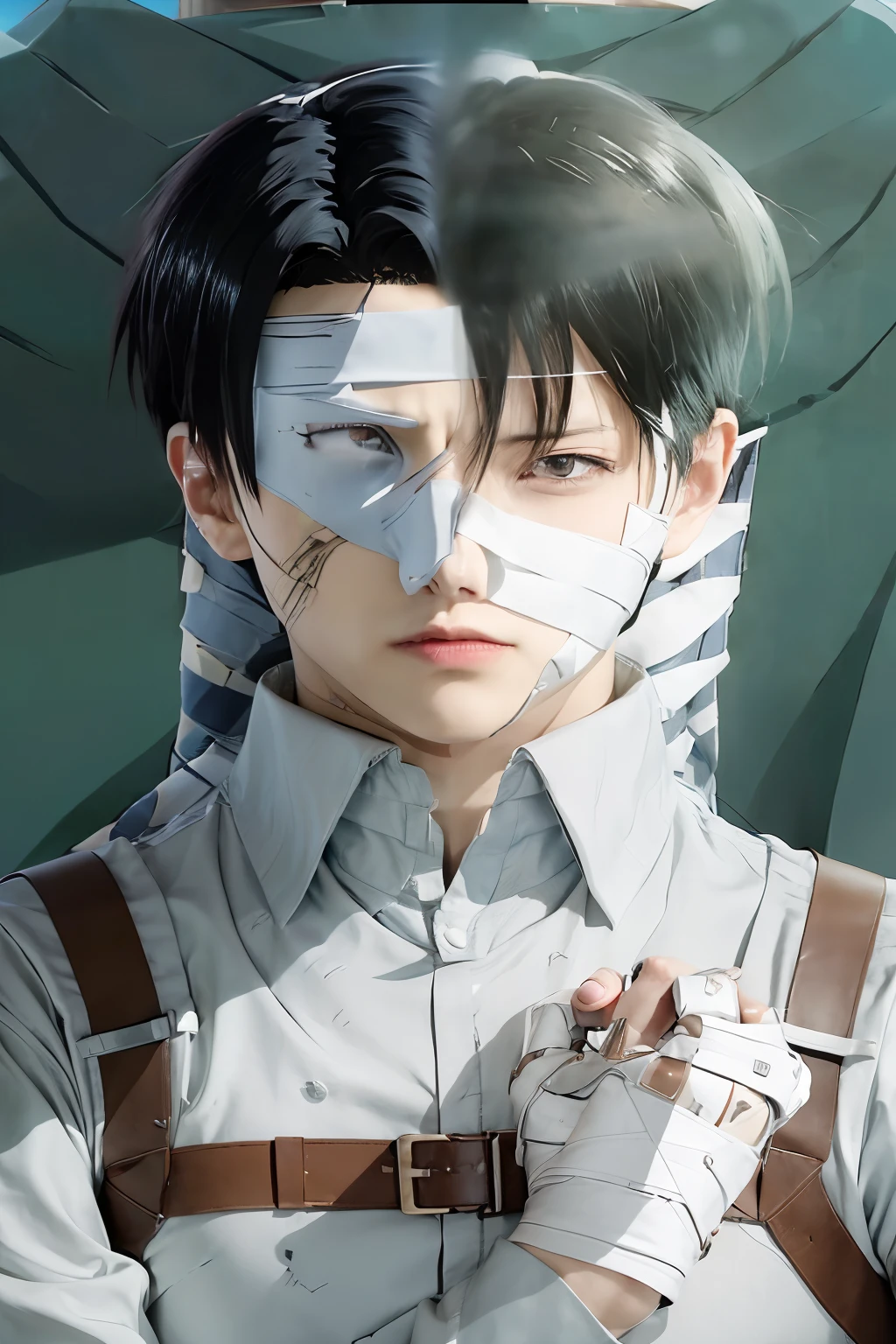 anime character with bandages on his face and hands, levi ackerman, from attack on titan, inspired by Shingei, portrait of eren yeager, (attack on titans anime), official anime still, official art, shinji, eren jaeger, ( ( ( yoshinari yoh ) ) ), eren yeager, in attack on titan