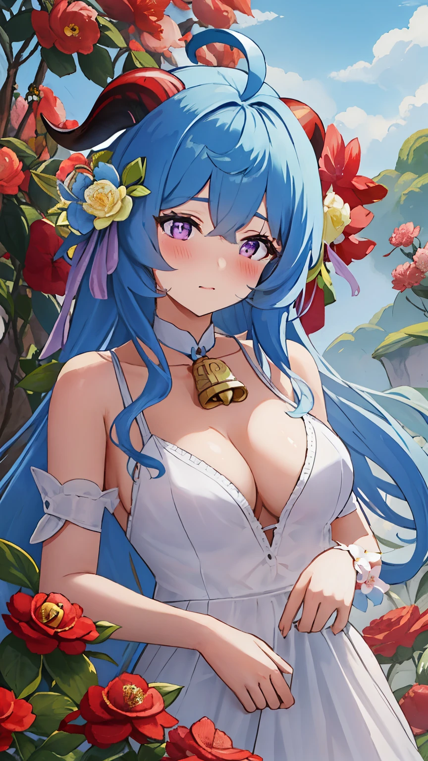 blue_hair, long_hair, bangs, horns, purple_eyes, ahoge, breasts, blush, goat_horns, sidelocks, bell, medium_breasts, large_breasts, neck_bell, ((masterpiece)), (Professional Photography:1.2), camelliamix, from above, flat body, Beautiful flowers bloom, (sparkles), (There is a blooming camellia),standing under a tree, (head looking up), Look at the tree, Natural soft light, macaron, Still ethereal, Crisp and smooth lines, radiant morning light, soft luminescent glow, (((Nagajuban)))