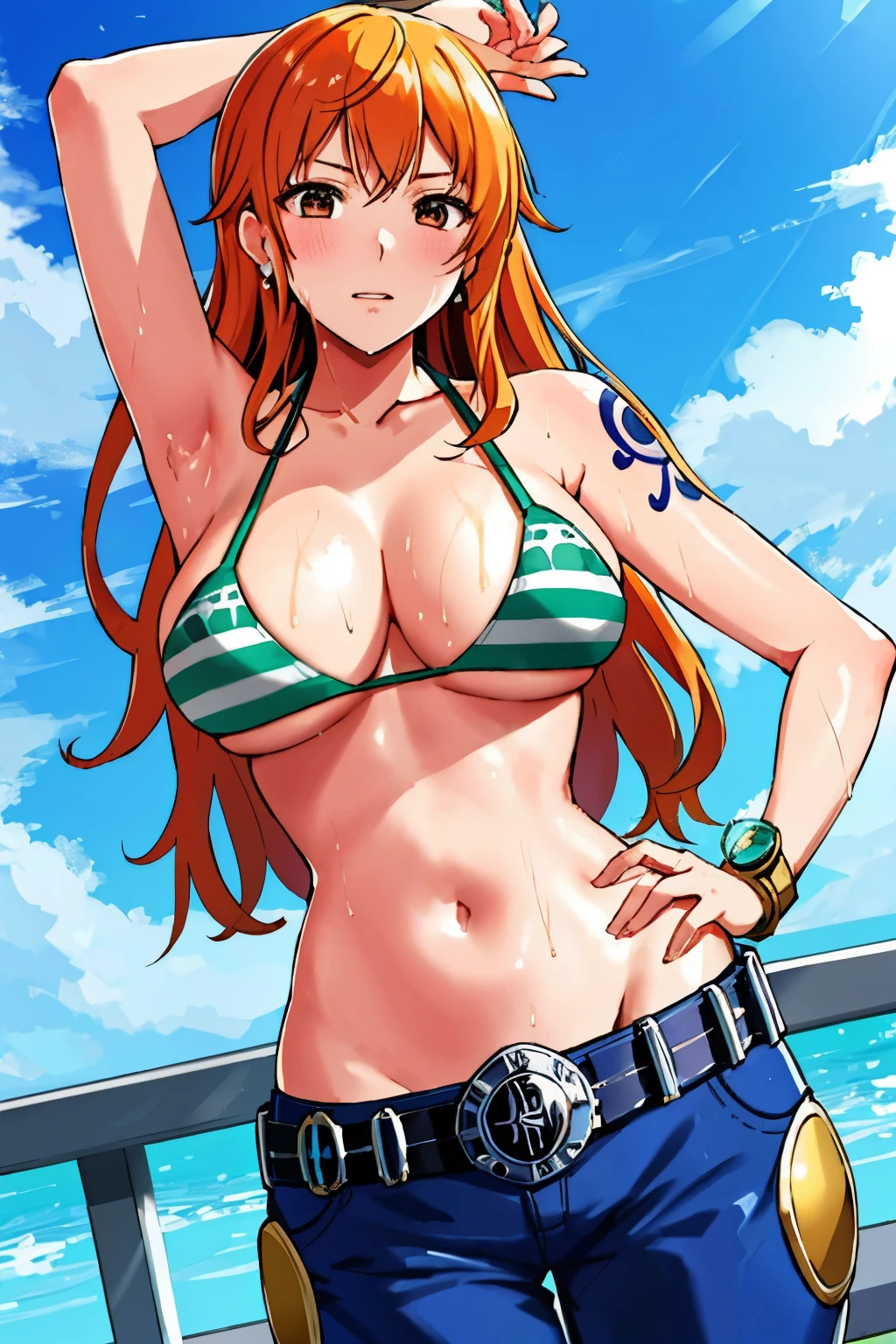 detailed background, masterpiece, 4K, best quality, 늦은 request소년, adult, wrestler body, 1 woman, Active, energetic, Uppercut, (Big mouth) , alone, Us \(One Piece\), 1 woman, bangle, (Very wet, Drenched in sweat, sweating all over, Very wet hair, tired, breathe, dehisce, exhausted, outcry, Sweaty face, sweaty body, Panting, sweating too much, Glittering sweat, sweaty armpits, trend, hands on hips, Serious, glaring), Perfect, detailed face, Draw bold lines, muscular arms, Detailed and thick arm lines, Flat chin, adult woman, wavy wide striped bangs, floating bangs, (Big cheeks), bare shoulders, off shoulder, belt, bikini, bikini top only, blue sky, bracelet, Elastic breasts, Breast line, Big round eyes, very large brown shiny eyes, foam, 높은 눈 stomach치, split, cloud, afternoon, request, earring, floating hair, shiny hair, green belt, green bikini, Thick groin line, requestpants, bijouterie, medium chest, Log Pose, long hair, looking at viewer, navel, wet hair, Orange hair, pants, shoulder Tattoo, side lock, sky, alone, standing, stomach, swimsuit, Tattoo , looking at viewer, dehisce, Detailed left arm, large forehead, hourglass shape, small head, A toned body, Broad head, wind effect, The Sun Effect, Under the sun, Narrow small ear angle, Previous, 무작stomach 포즈,