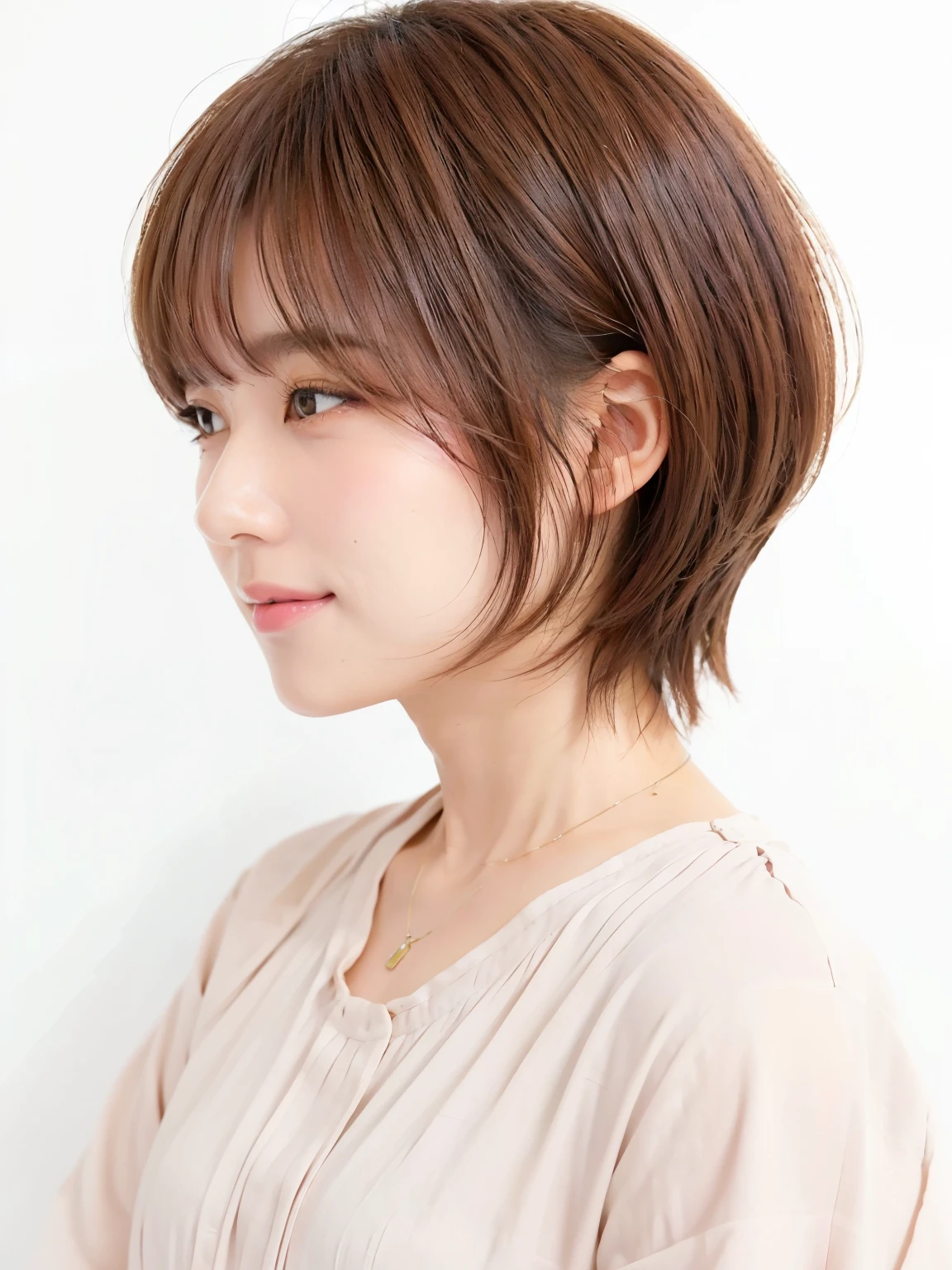 ((long sleeve blouse))、(White wall on background、Pink-brown hair color:1.4)、white wall、Taken in front of the white door、(窓のあるwhite wallの部屋)、(8K、Live shooting、highest quality、masterpiece:1.2)、High-definition RAW color photo、professional photos、(real、フォトreal:1.37)、Shot in natural light、1 girl、A sloppy smile、(various poses)、necklace、(Beautiful profile:1.3)、Don't look at the camera、profile、shortcut、short hair、Eye color is dark brown、(Beautiful profile:1.3)、correct hand of human body、pastel clothing、Woman with single eyelid、correct state of the human body、natural color lip、Shot in well-lit areas