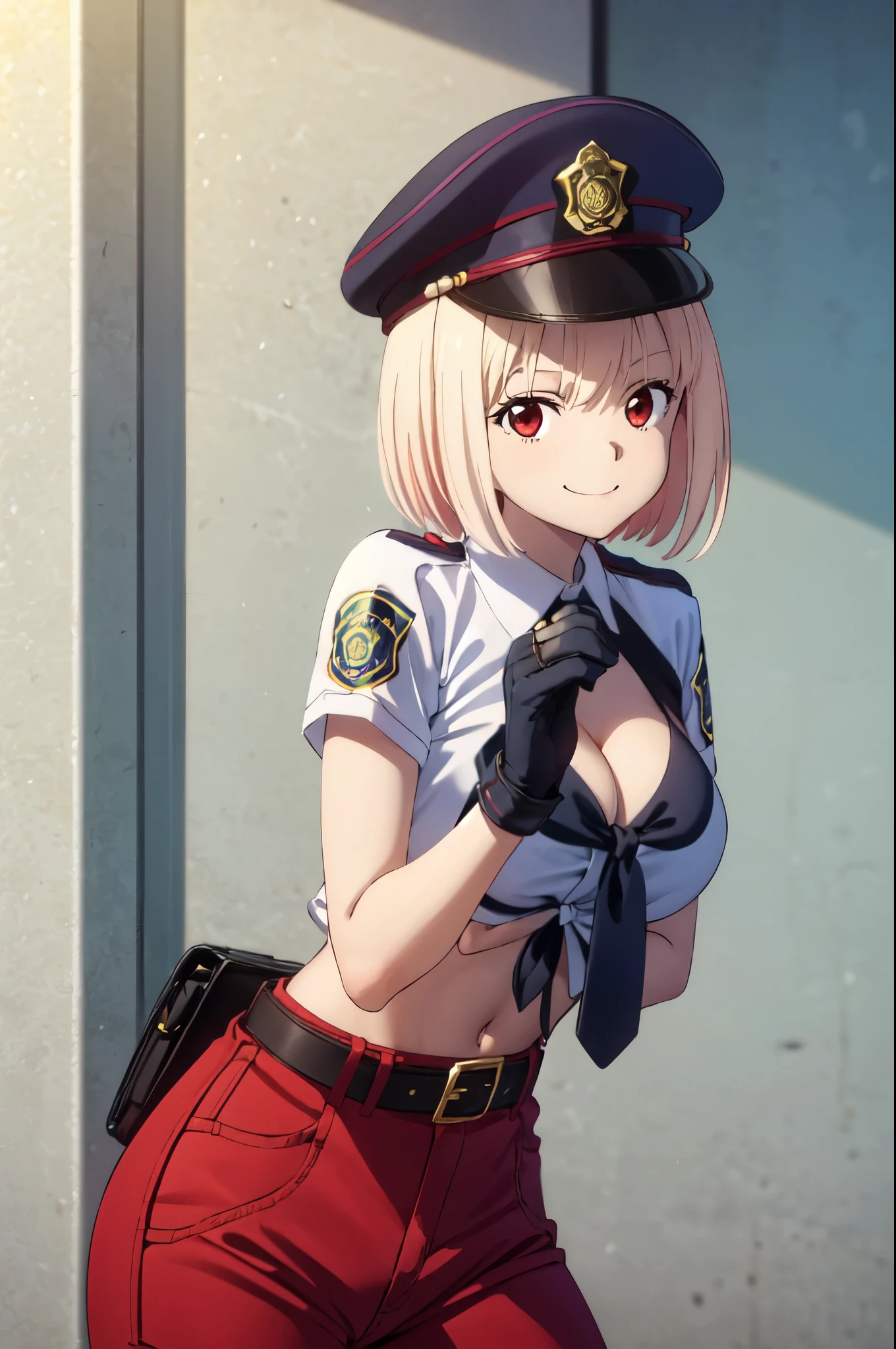 (((pixel perfect, detail perfect))), alone, 1 girl, Chisato Nishikigi,red eyes, looking at the viewer, smile, Upper body、 Police, cleavage,white belt, Midriffs, white shirt BREAK (red_front-tie top),High-waist red shorts BREAK black fingerless gloves, black boots,black police peaked cap,red tie