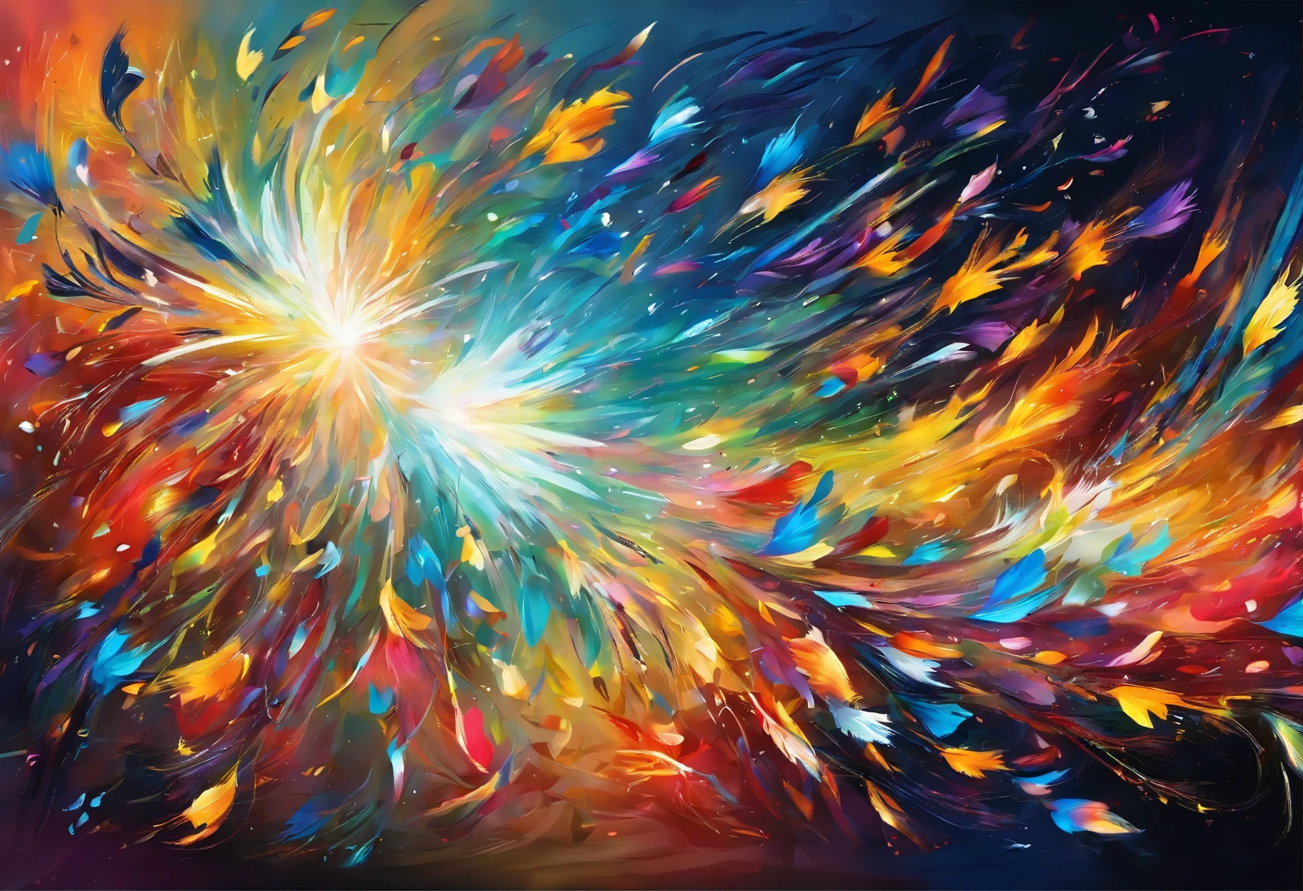 Brilliant flying fireworks，A visual feast blooming on a dark background。The mysterious sky represented by oil painting art，wild and，The soul is struck in it。The picture is full of passion and struggle，High details reveal the creative exploration of abstract souls。Immerse yourself in it，Experience a wonderful and dark world。