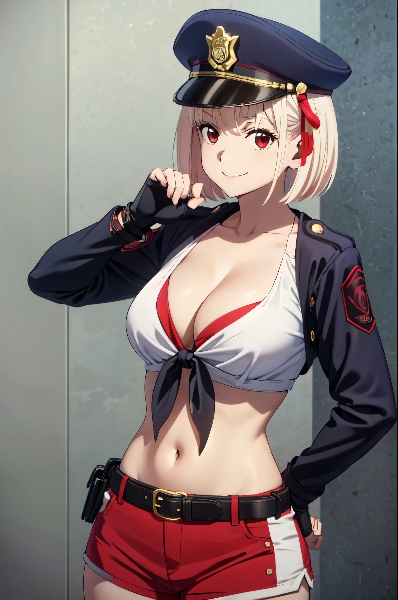 (((pixel perfect, detail perfect))), alone, 1 girl, Chisato Nishikigi,red eyes, looking at the viewer, smile, Upper body、 Police, cleavage,white belt, Midriffs, white shirt BREAK (red front-tie top),High-waist red shorts BREAK black fingerless gloves, black boots,black police peaked cap,