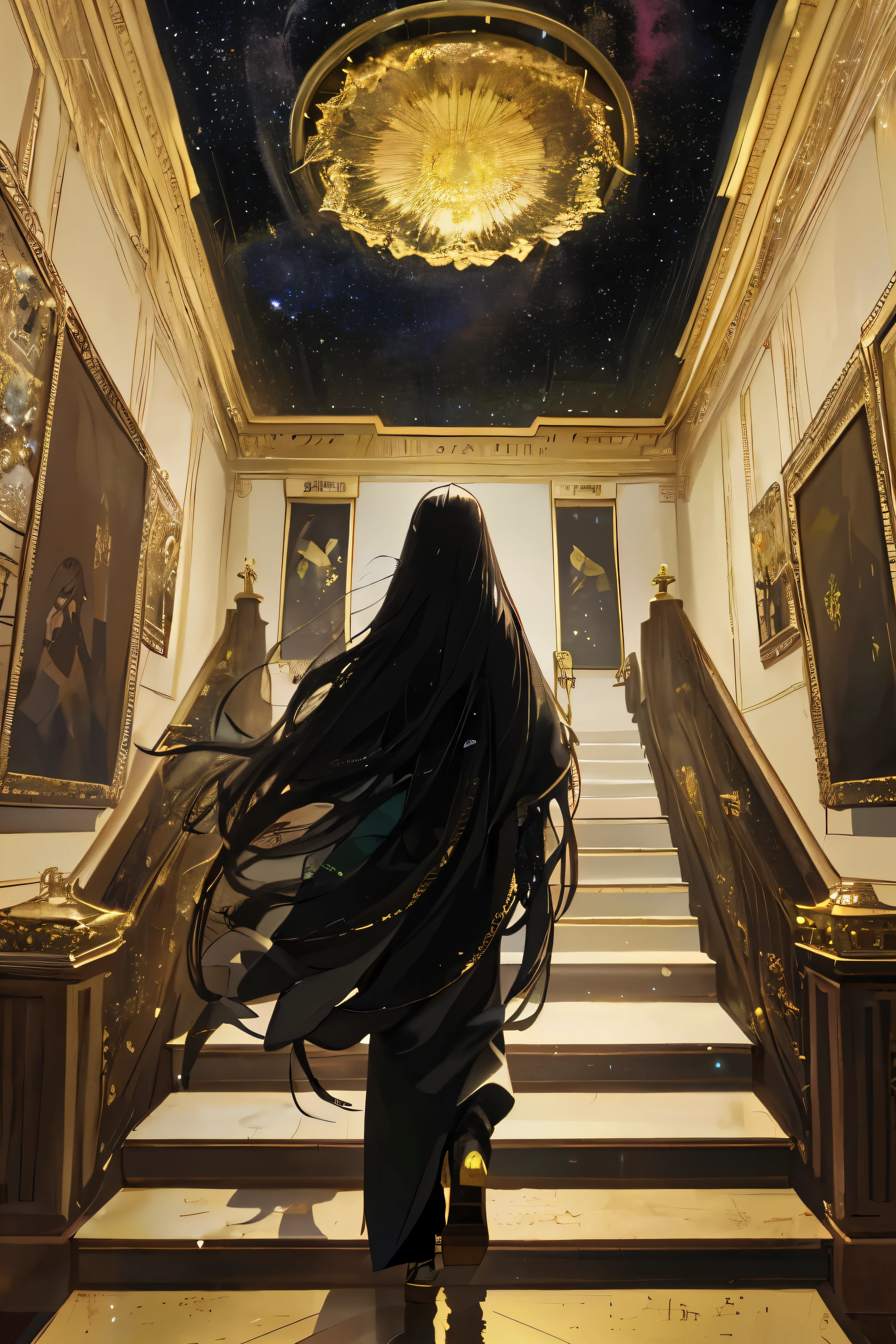 Detailed background, masterpiece, best quality,  Rear view of long-haired man wearing black clothes，A staircase to the sky，楼梯顶端是高贵的throne，throne后面是空旷开阔无尽的世界繁星。throne，starry sky，Altera，People in portraits have different shapes.