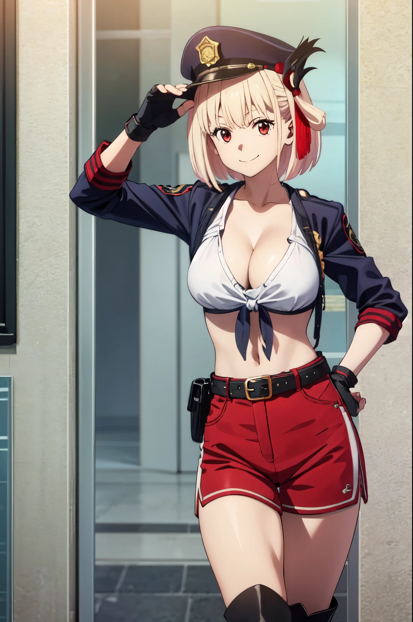 (((pixel perfect, detail perfect))), alone, 1 girl, Chisato Nishikigi,red eyes, looking at the viewer, smile, Upper body、 Police, cleavage,white belt, Midriffs, white shirt BREAK (red front-tie top),High-waist red shorts BREAK black fingerless gloves, black boots,black police peaked cap,