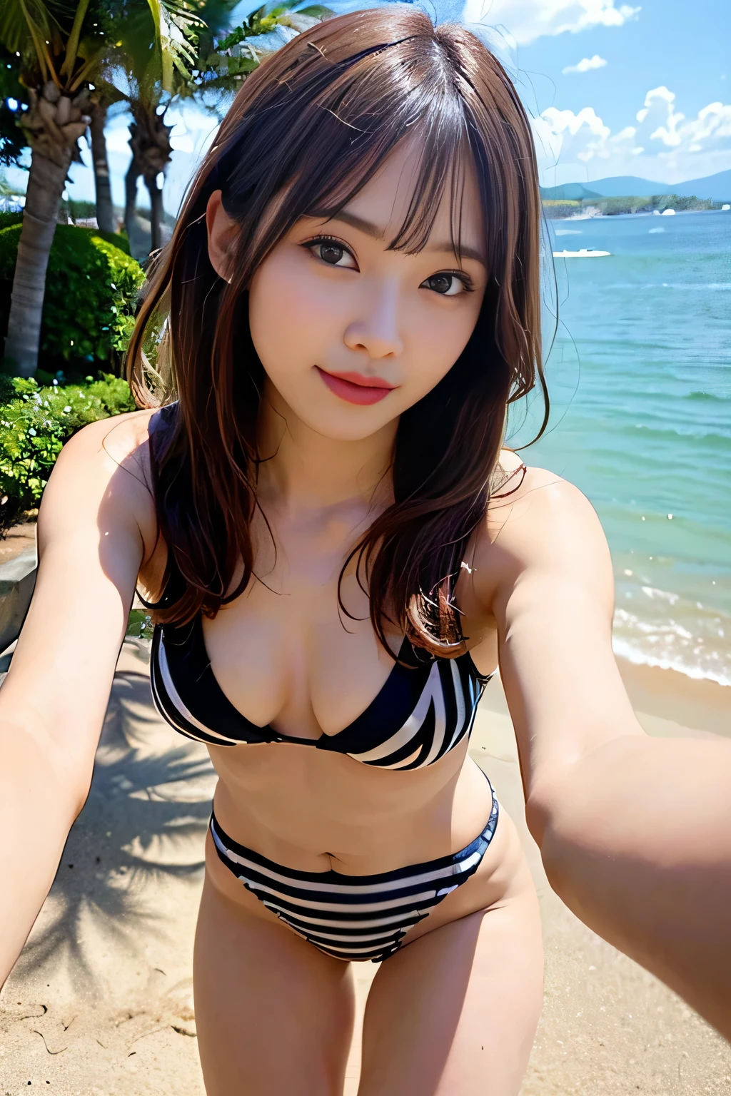 (((best image quality、highest quality、Super high quality 1.5、Super high quality 1.5、32K、8K、ticker、RAW photo、very clear image、very clear image quality、Photoreal 1.3、Super detailed 1.2, small details, High resolution, wall , Perfect dynamic structure, masterpiece, surreal,非常に詳細な CG Unity 32K wall紙,extremely detailed CG unity 32K wallpaper,realistic pictures、real human being、超High resolution、)))、The fine face and eyes are very detailed ,intricate details ,,pretty girl , soft light like a movie, hyper detail,sharp focus, (((cowboy shot、Angle 1 from below.4、)))、top and bottom striped swimsuit、Ocean、sandy beach、非常に鮮明なOcean、sunny weather、Scorching sun、brown hair、hair blowing in the wind、middle hair low angle 1.5、butt sticking out