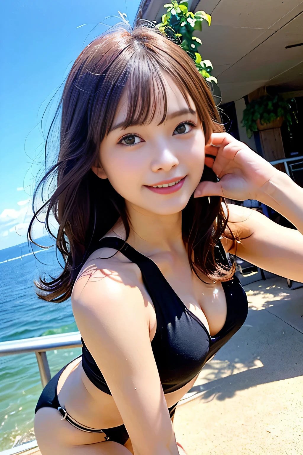 (((best image quality、highest quality、Super high quality 1.5、Super high quality 1.5、32K、8K、ticker、RAW photo、very clear image、very clear image quality、Photoreal 1.3、Super detailed 1.2, small details, High resolution, wall , Perfect dynamic structure, masterpiece, surreal,非常に詳細な CG Unity 32K wall紙,extremely detailed CG unity 32K wallpaper,realistic pictures、real human being、超High resolution、)))、The fine face and eyes are very detailed ,intricate details ,,pretty girl , soft light like a movie, hyper detail,sharp focus, (((cowboy shot、Angle 1 from below.4、)))、top and bottom striped swimsuit、Ocean、sandy beach、非常に鮮明なOcean、sunny weather、Scorching sun、brown hair、hair blowing in the wind、middle hair low angle 1.5、butt sticking out