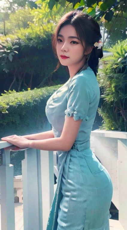  (best quality,4k,8k,highres,masterpiece:1.2),ultra-detailed,(realistic,photorealistic,photo-realistic:1.37),clear lines,light and dark photography,canon photography,crystal clear,detailed eyes and lips,beautiful woman,Tai dress,Shan dress,traditional dress,slim fit dress,Pretty Buttocks, long Hair, Instagram Pattern Pose, standing cute pose, confident, slim girl, big tits:1.2, perfect anatomy, perfect symmetry:1.2, Realistic, realistic face:1.3, perfect face, content, confident, very detailed, and dramatic, cinematic lighting, Lighting scene, soft lights graceful movement, full body photography, (((masterpiece :1.5))), vibrant colors,exquisite embroidery,detailed patterns,graceful posture,serene expression,natural lighting,rich textures,depth and dimension,warm color tones,gorgeous background scenery,beautiful garden,floral elements,fine brushstrokes,artistic composition,natural poses,photogenic,model-like appearance, full body photography, photorealistic ... 