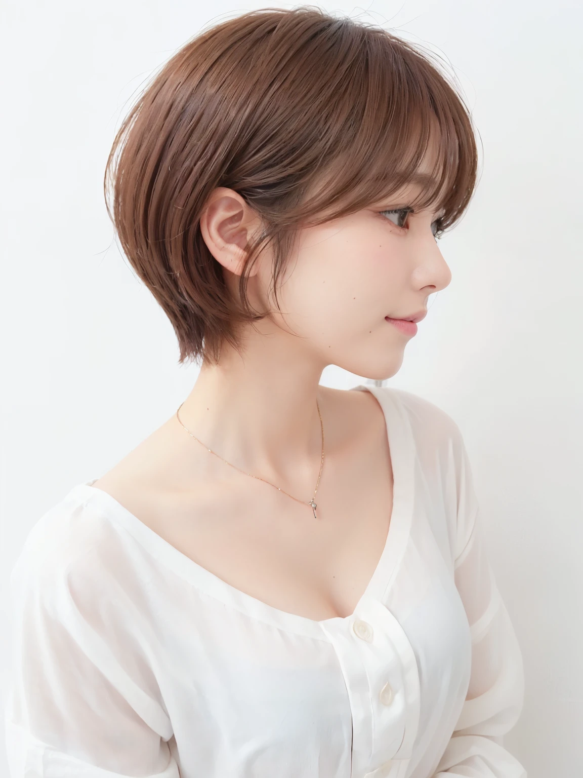 ((long sleeve blouse))、(White wall on background、Pink-brown hair color:1.4)、white wall、Taken in front of the white door、(窓のあるwhite wallの部屋)、(8K、Live shooting、highest quality、masterpiece:1.2)、High-definition RAW color photo、professional photos、(real、フォトreal:1.37)、Shot in natural light、1 girl、A sloppy smile、(various poses)、necklace、(Beautiful profile:1.3)、Don't look at the camera、profile、shortcut、short hair、Eye color is dark brown、(Beautiful profile:1.3)、correct hand of human body、pastel clothing、Woman with single eyelid、correct state of the human body、natural color lip、Shot in well-lit areas